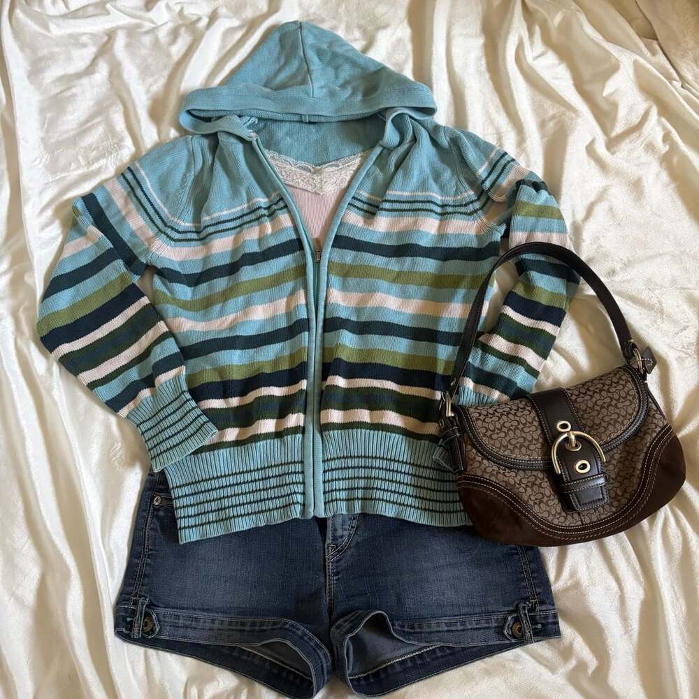 Reitmans Blue Striped Knit Zip-Up Hoodie Cardigan Sweater Size M